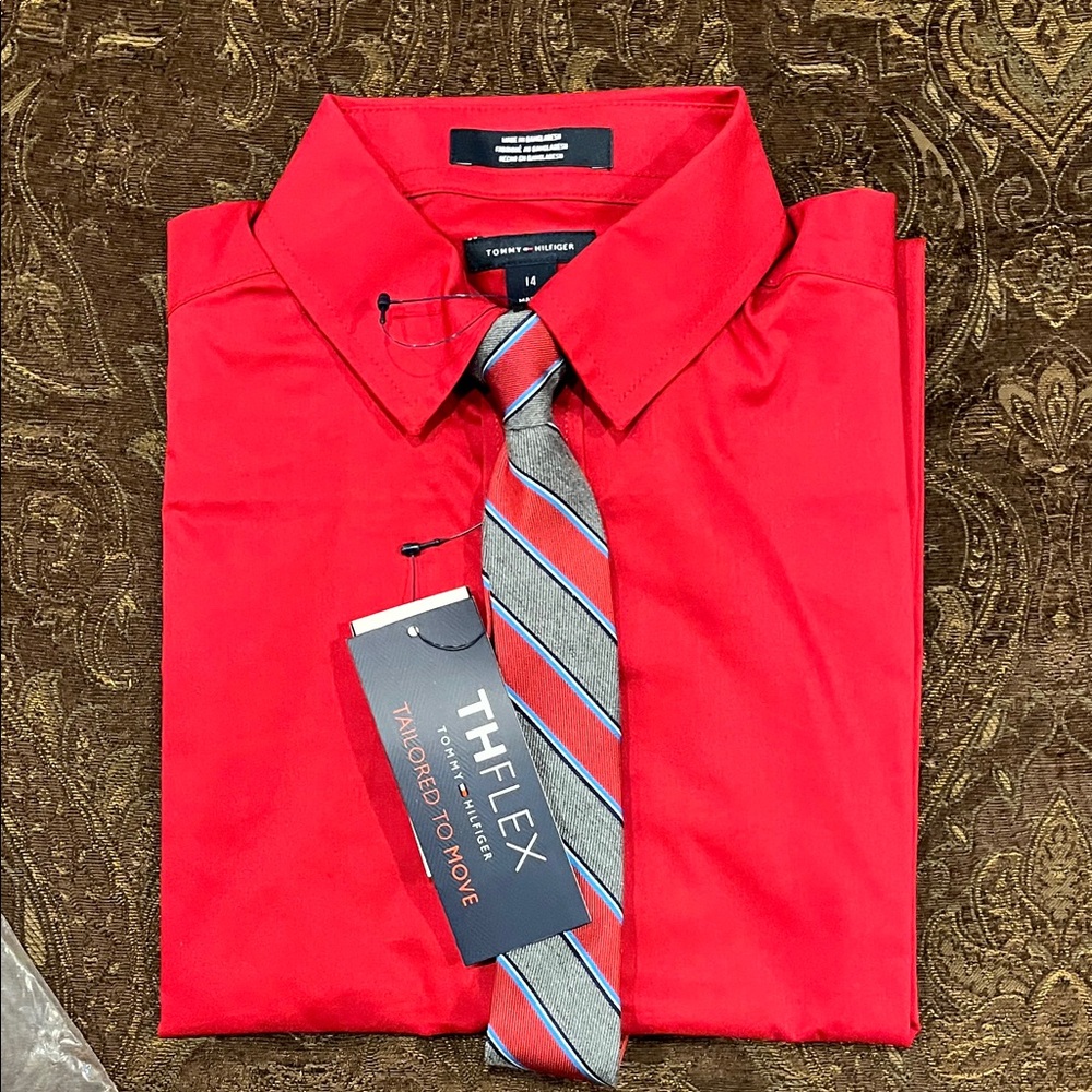 Tommy Hilfiger Boy’s Crimson Red Dress Shirt with Tie